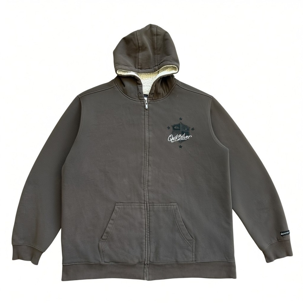 Quiksilver Mens XXL‎ Brown Sherpa Lined Hood Full Zip Hoodie Surf Graphic Logo